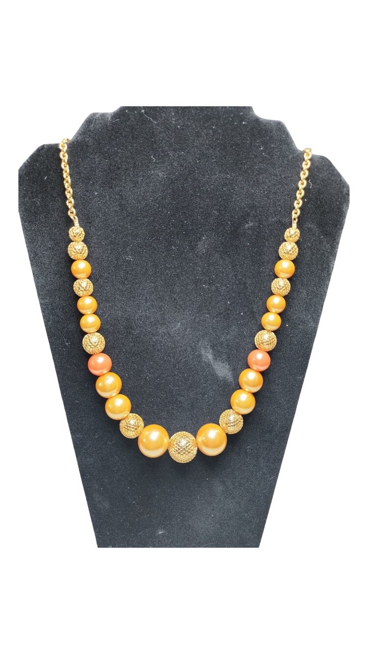 Vintage Gold Tone Faux Pearl Station Necklace Textured Bead Long Statement Chain